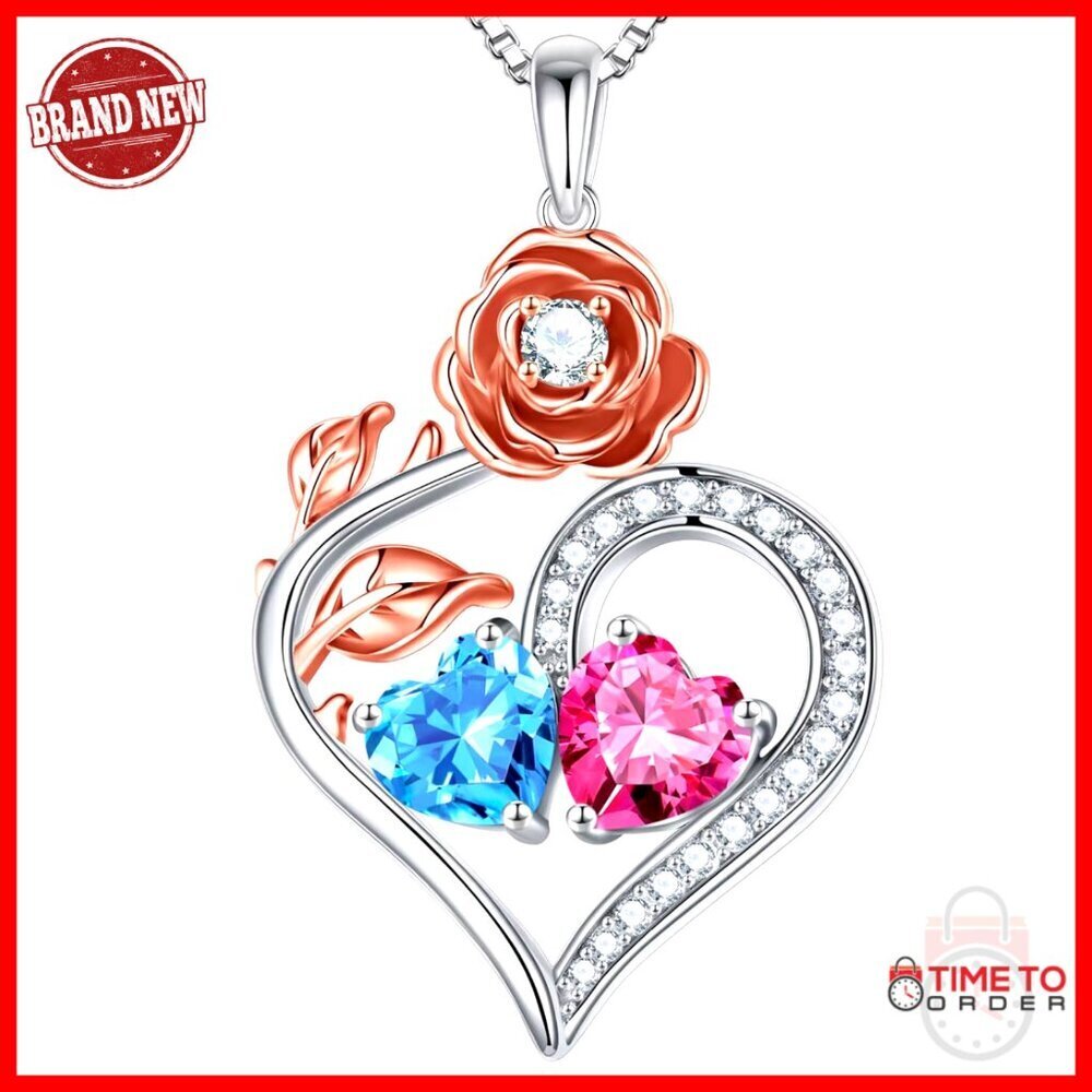 Sterling Silver Double Heart Birthstone Pendant Necklace 19" Chain
